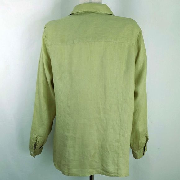 J. Jill Love Linen Women’s LG Button Up Shirt Chartreuse Green Long Sleeve - Picture 4 of 7